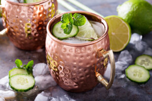 Moscow mule cocktail with lime and cucumber